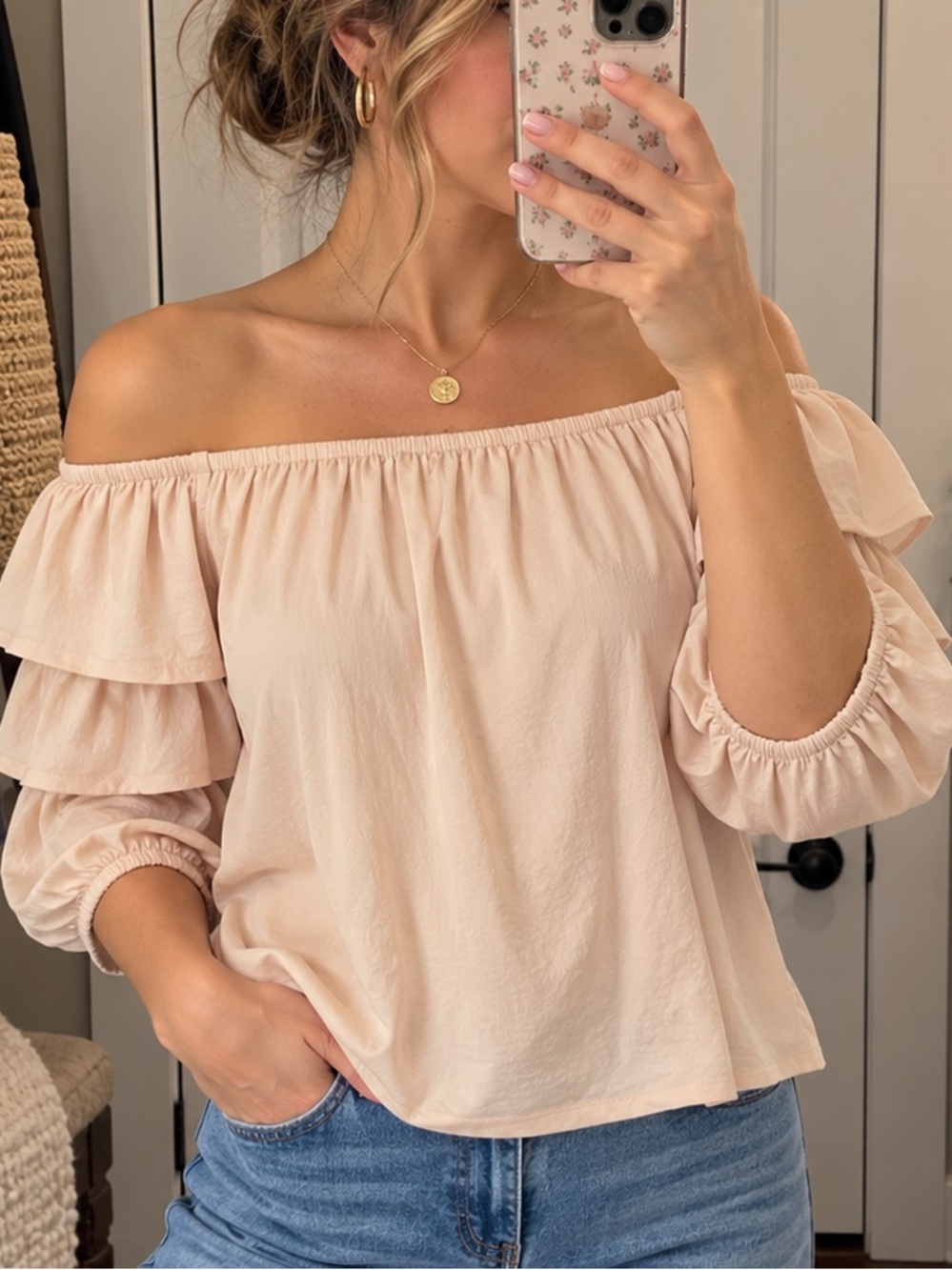Elodie Off Shoulder Blouse L Blush Pink Tiered Ruffle Sleeve Peasant Top NWT